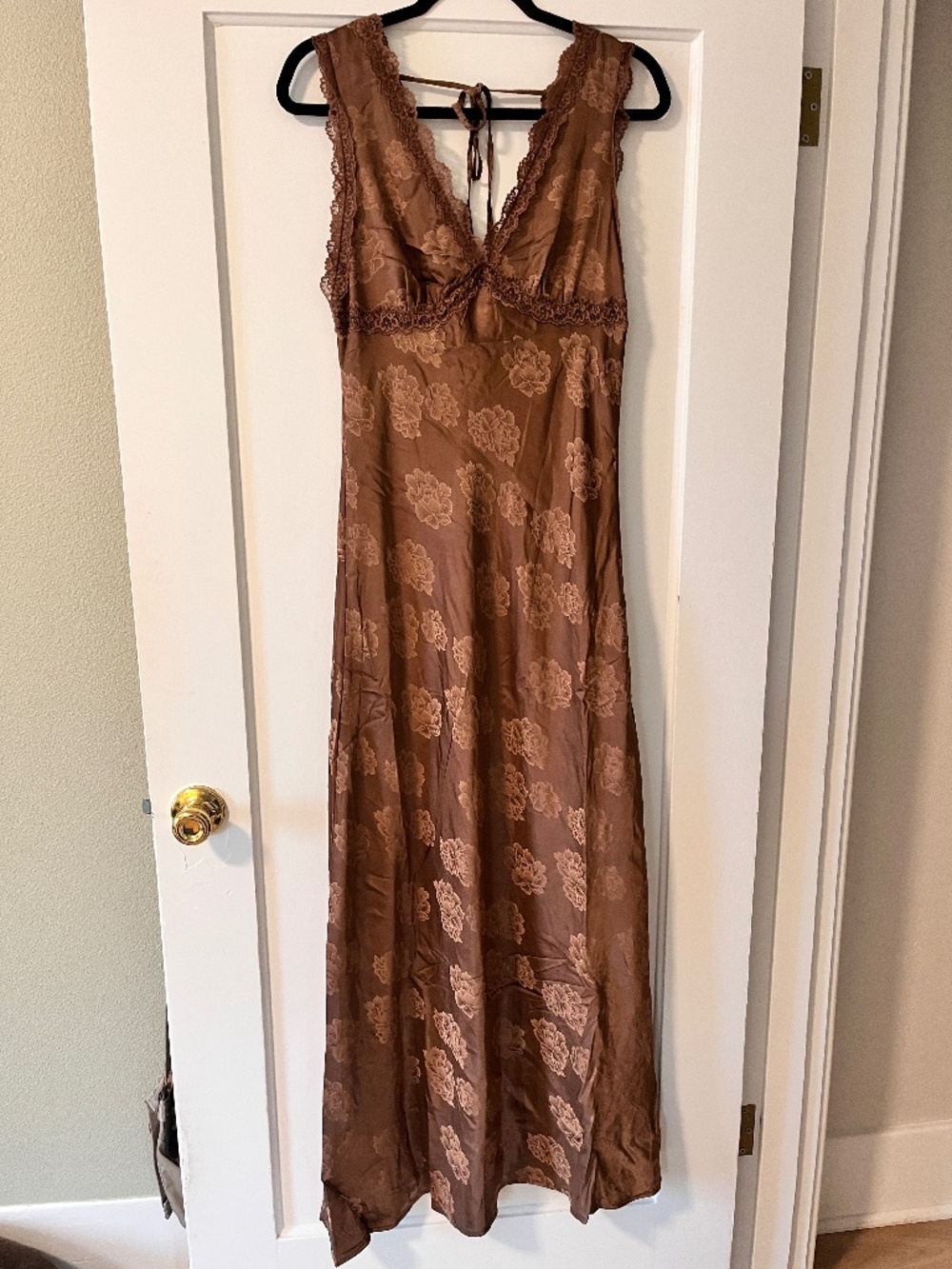 Brown Satin Floral Lace Dress